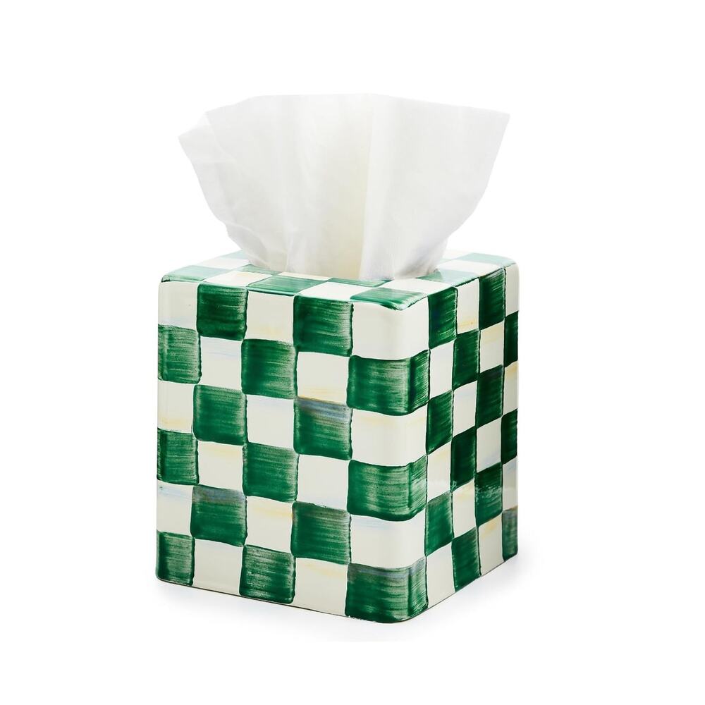 New MacKenzie-Childs Emerald Check Boutique Tissue Box Cover Green & White Bath